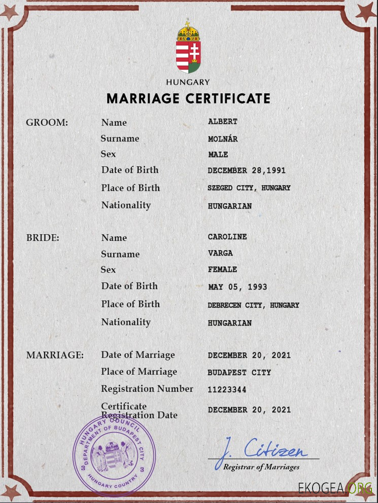 Modèle PSD de certificat de mariage en Hongrie